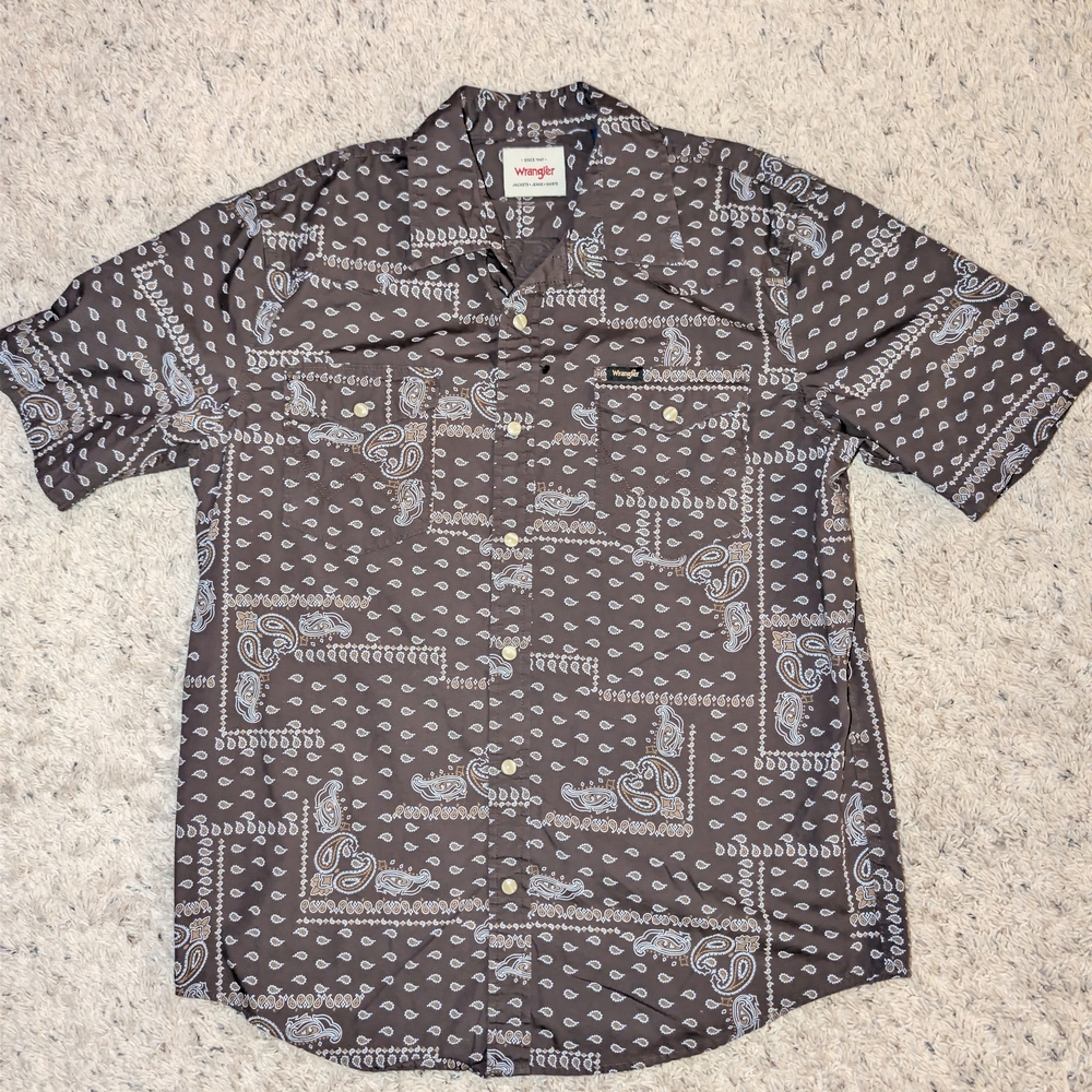 Wrangler SS Mens Brown Paisley Print Pearl Snap Button Up Shirt Size M